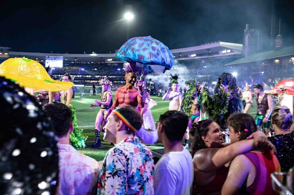 Participants march in the annual Gay and Lesbian Mardi Gras parade at the Sydney Cricket ground in Sydney.