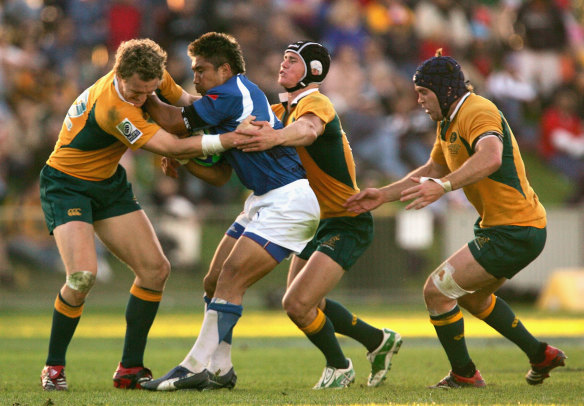 Ryan Cross, Berrick Barnes and Stephen Hoiles playing for Australia A against Samoa in 2007.