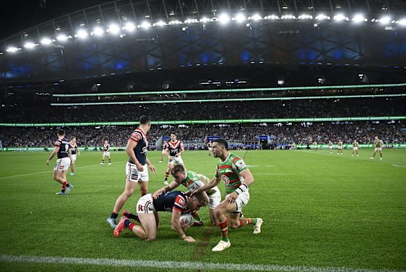 Action from the NRL Rabbitohs v Roosters game at the newly built Allianz Stadium.