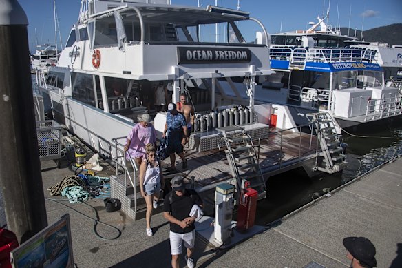 Perry Jones of 'Ocean Freedom' returns from a day on the Great Barrier Reef with just ten passengers, not enough to pay for the fuel.
