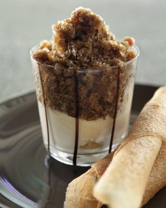Coffee granita with cigar tuile by Jane and Jeremy Strode. <b><a href="http://www.goodfood.com.au/good-food/cook/recipe/coffee-granita-and-cigar-tuiles-20121123-29x21.html">Click here for recipe</a></b>.