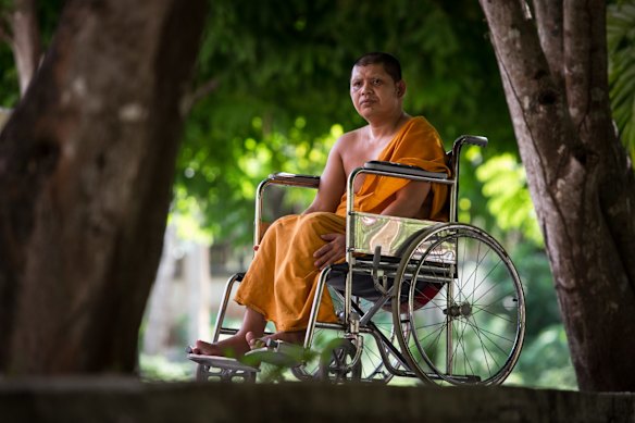 In a wheelchair for life. Buddhist Monk Pra Suchart, 40, one of two monks injured in a drive-by shooting four years ago. A third monk was killed in the same attack. Pra Suchart says he does not feel anger towards those who shot him. Attacks on such random targets can follow claims by insurgents of extra-judicial killings by the security forces. 