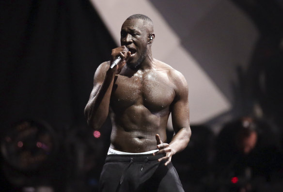 Stormzy performs at the Brit Awards in London.