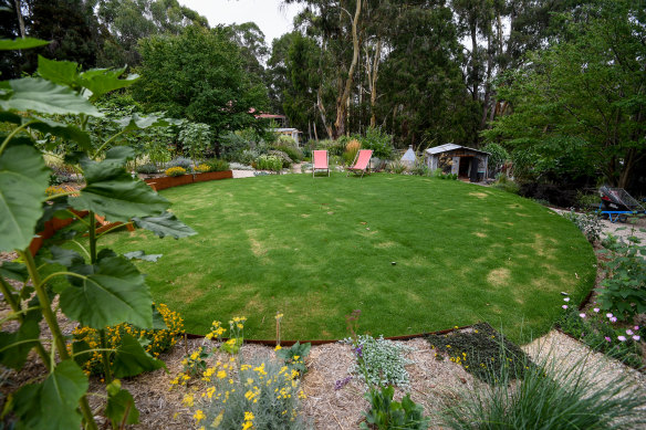 A lawn circle surrounded by sunflowers and perennials