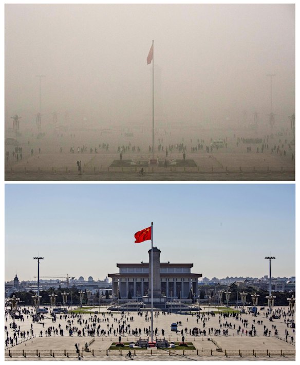 Tiananmen Square is seen in heavy pollution, top, on December 1 and 24 hours later under a clear sky on December 2.