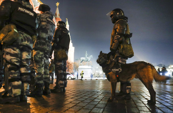 Servicemen of the Russian National Guard gather at the Red Square to prevent a protest rally for Navalny. 