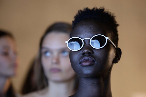 A model poses backstage ahead of the Mercedes-Benz Presents Maticevski show at Mercedes-Benz Fashion Week Resort 17 Collections at The Cutaway, Barangaroo Reserve on May 15, 2016 in Sydney, Australia.