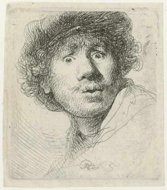 Self-portrait in a Cap, Wide-eyed and Open-mouthed, etching, 1630.