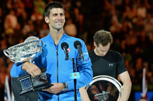 Novak Djokovic with his Australian Open trophy after winning the tournament for a fifth time on Sunday night.