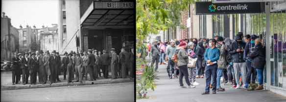 Unemployment queues in Australia in 1935 and then in March 2020.