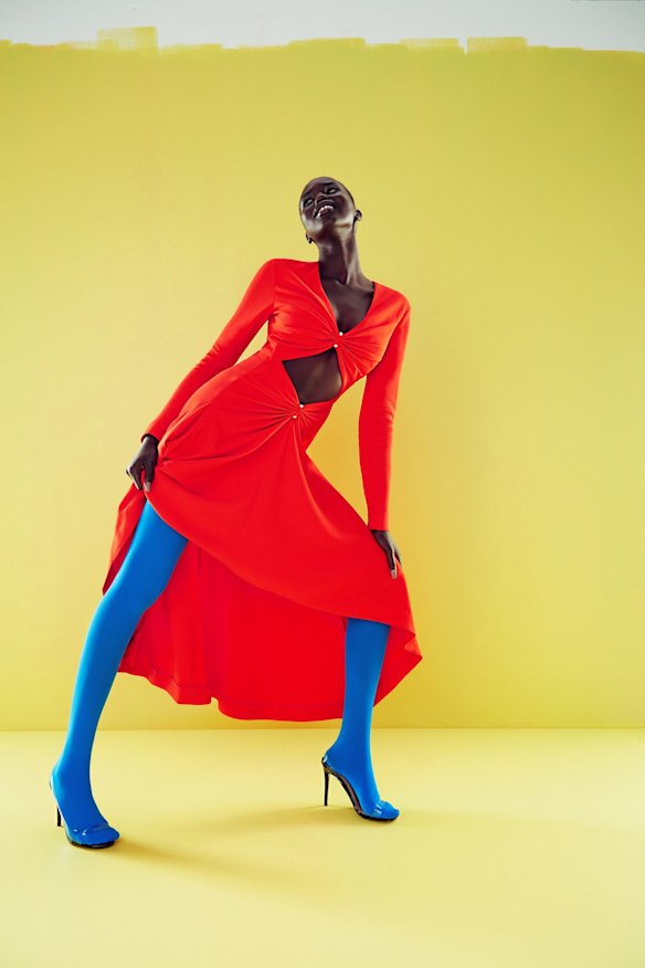 Dion Lee dress, $1390. Voodoo hosiery, $13, from David Jones. Tony Bianco heels, $200.