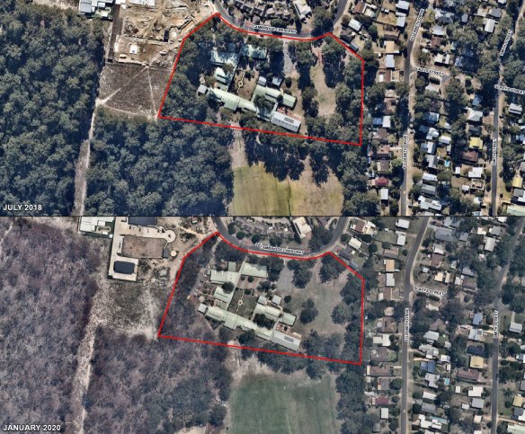 Before and after aerial shot of Broulee Public School, which lost a shed during last summer's bushfires.