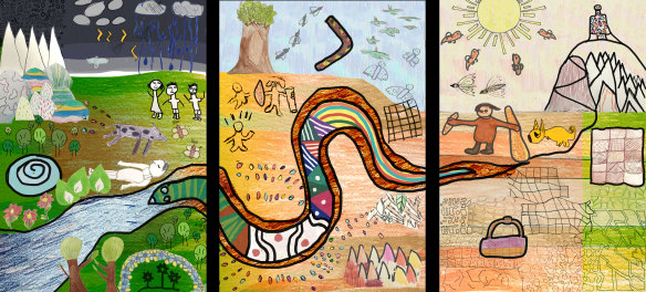 Three-panel design by St Georges Road PS pupils for the Dunggula digital touch book and an interactive map.