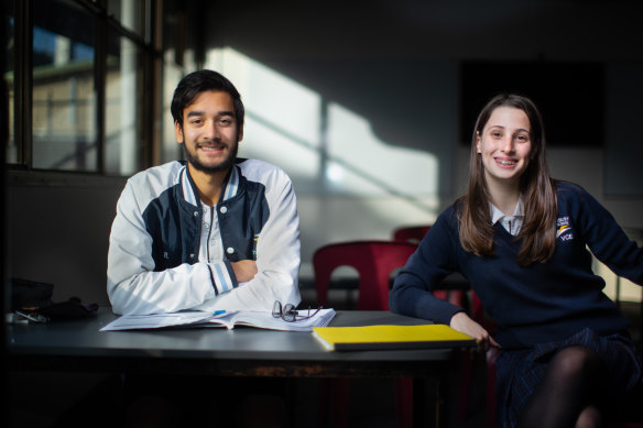 Year 12 students at Thornbury High  Keeran Ramasamy and Isabelle Magiatzis are excited to be back in school.