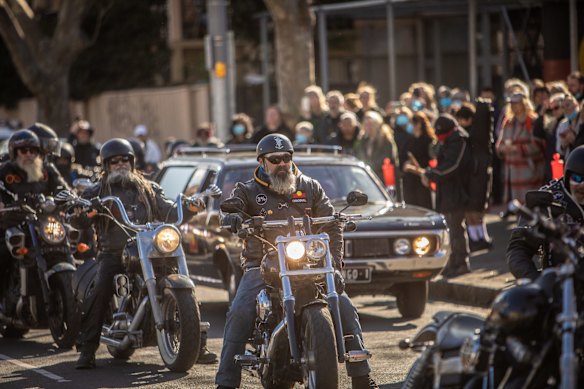 Archie Roach's body being Escorted by the Southern Warriors Aboriginal Motorcycle Club outside the Aboriginal Health Service, Nicholson St in Fitzroy.
