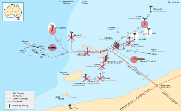 Regulators have intervened in Santos’ Varanus Island operation five times in less than two years (red crosses mark most recent incident).