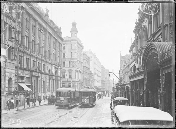 Trams on George Street looking North from the Strand Arcade, Sydney, 1911.