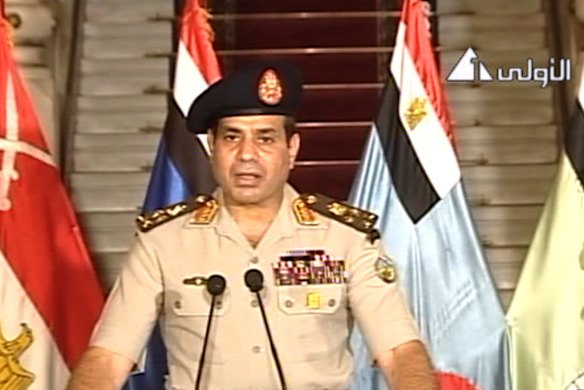 Lt. Gen. Abdel-Fattah el-Sissi addresses the nation on Egyptian State Television, announcing Ppresident Mohamed Mursi would be replaced.