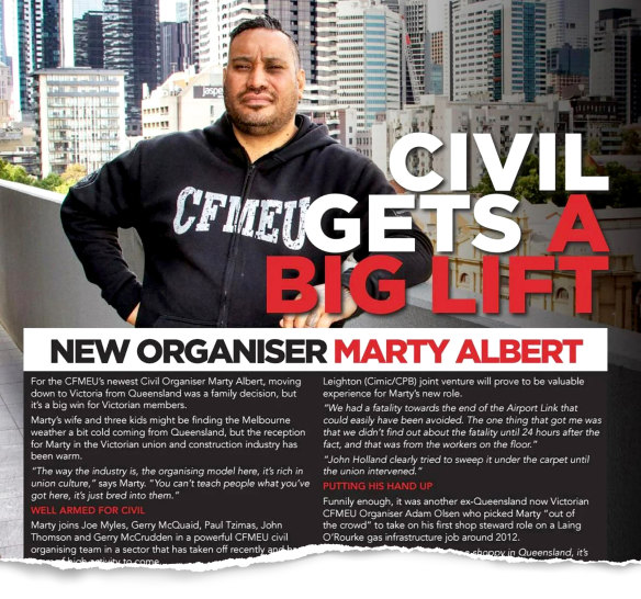 Marty Albert was profiled in a CFMEU member magazine in 2018.