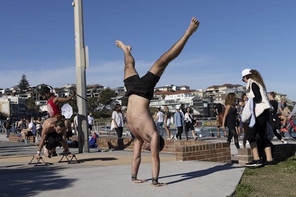 People exercising at Bondi Beach during COVID lockdown.