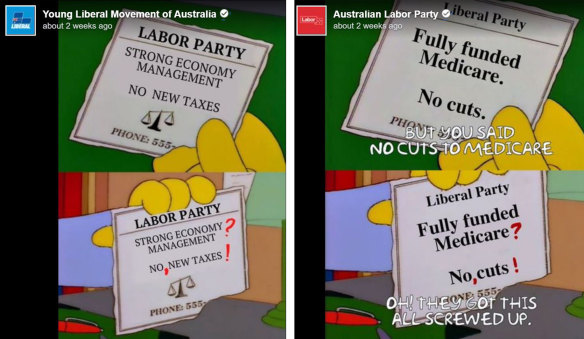 The ALP and Liberal parties posting the same joke format. 