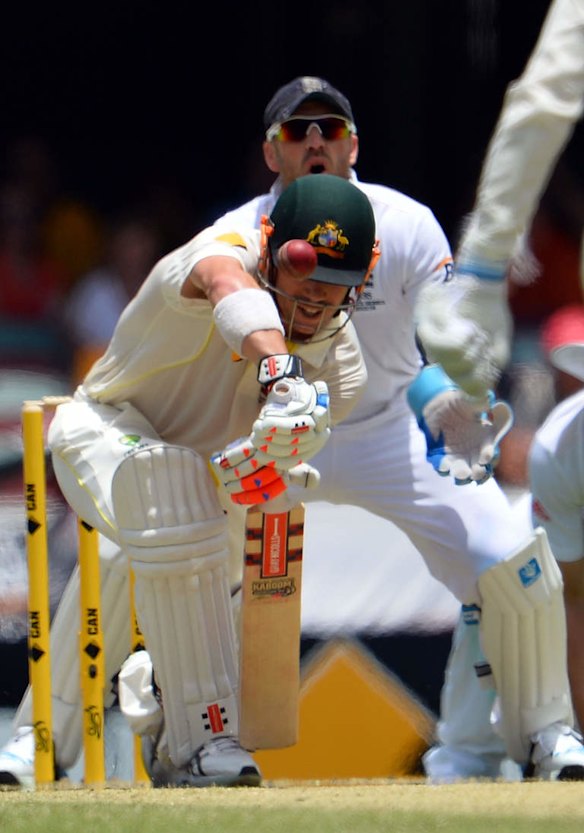 Australia's batsman David Warner plays a shot.