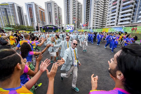Team Australia athletes for the Rio 2016 Olympic Games attend their welcome ceremony at the Athletes village on August 3. A great number of apartments in the village are still unsold.