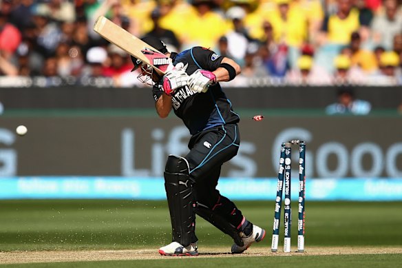 New Zealand skipper Brendon McCullum is bowled by Mitchell Starc for a duck off the fifth ball of the match.