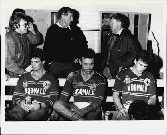 Semi-final at the SCG in 1987 against the Easts. Back row - Tony Megahey, Reg Austin (trainer) and Bob Fulton. In the front sit players Mal Cochrane, Cliff Lyons and Michael O'Connor. 