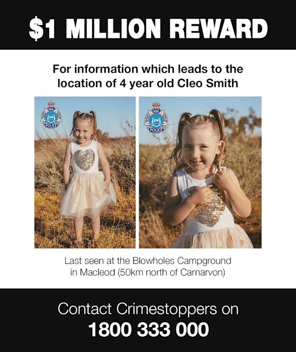 A$1 million reward offered for information leading to finding Cleo or convicting someone involved in her disappearance.
