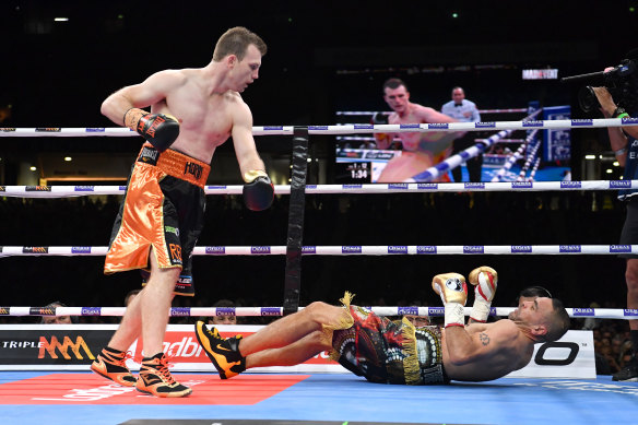 Over and out: Jeff Horn was impressive fighting at a heavier weight in the mismatch against Anthony Mundine.