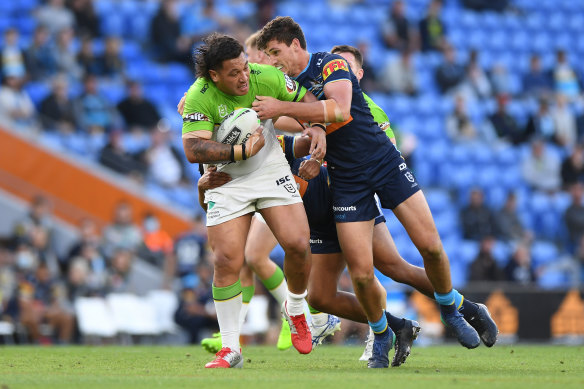 The moment Jamal Fogarty was ankle-tapped by Josh Papalii.