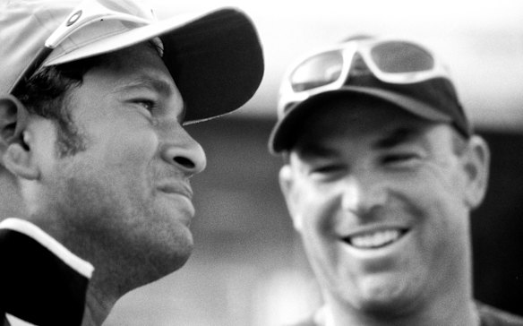 Warne and Sachin Tendulkar at practice in Mumbai in February 2001.