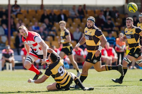 Canberra Vikings v Perth Spirit in National Rugby Championship rugby union. Canberra Vikings right flanker Tom Cusack, and Perth Spirits scrum half Michael Ruru, and tight head prop Tetra Faulkner.