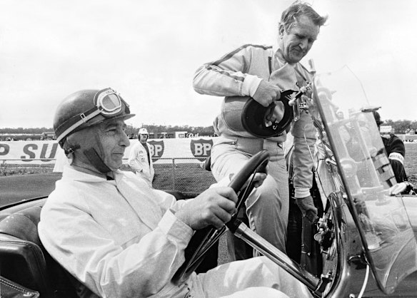 Juan Manuel Fangio takes the Prime Minister Malcolm Fraser for a ride in a 1921 Benz - Sundown.
