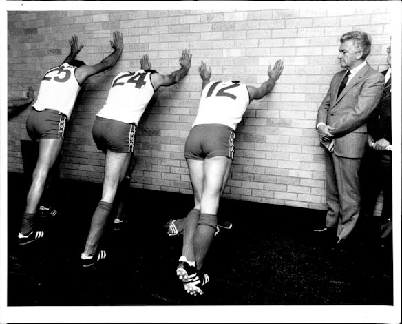  Prime Minister Bob Hawke in the Sydney Swans' dressing room in July 1984.