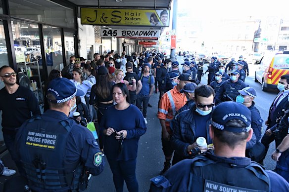 Anti-lockdown rally on Broadway in Sydney.
