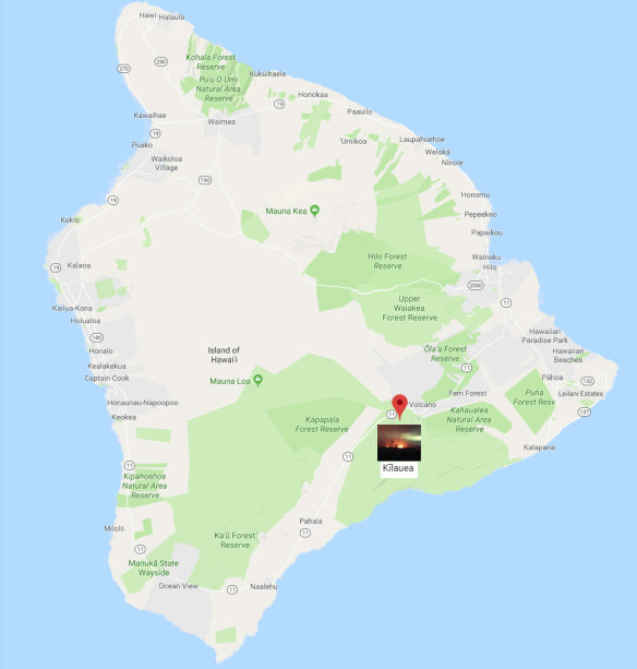 Hawaii's Big Island showing position of Kilauea volcano and Leilani Estates.
