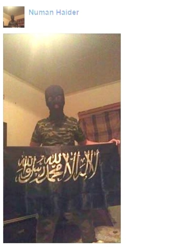 Five days before the attack, Haider posted a photograph on Facebook of himself wearing a balaclava and holding the Shahada flag.