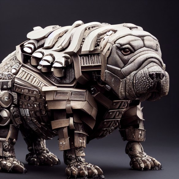 This image of an armoured cyberpunk dog was created by Peter Moxom using AI diffusion software.