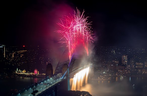 At midnight, a colourful display with bursts of neon, pastel and spinning fireworks blast into the sky to a soundtrack created by electronic music duo The Presets.