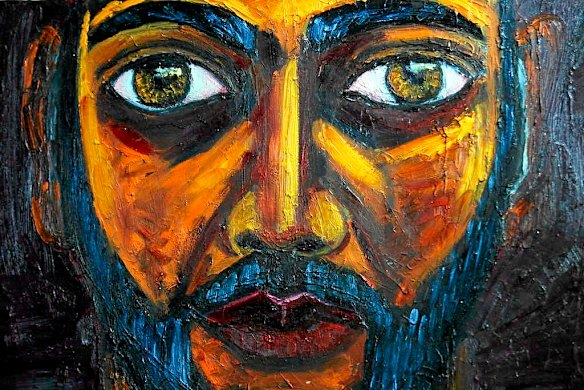 Bali Nine member Myuran Sukumaran's  self portrait which he painted in the Kerobokan jail is displayed during a visit by Australian artist Ben Quilty.