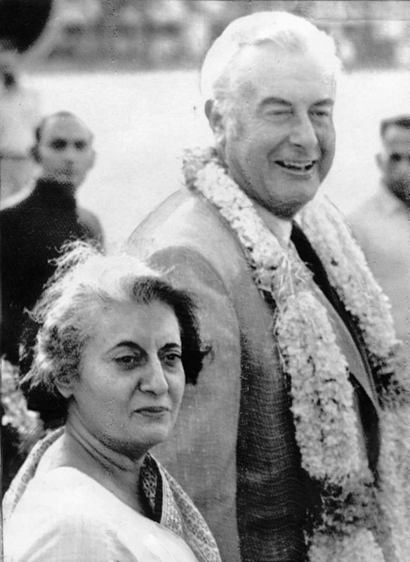 The Indian Prime Minister (Mrs. Gandhi) with Mr. Whitlam after greeting him on his arrival in New Delhi. Mr. Whitlam's cordial reception received front-page treatment in many Indian newspapers. Date filed: 5 Jun 1973  Gough Whitlam and Indira Gandhi.
