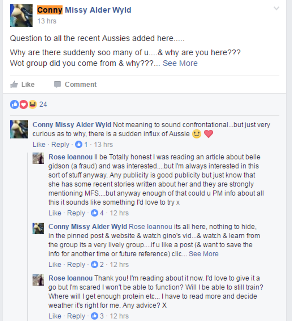 Belle Gibson's post about enemas on the Facebook page Master Fast System is attracting new followers to the dieting system.