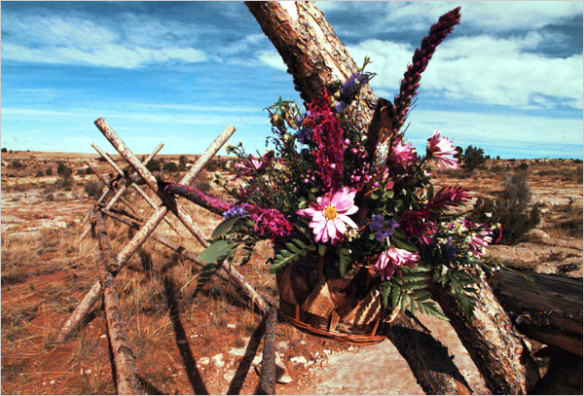 Flowers at the Laramie, Wyoming fence where Shepard was left to die. 