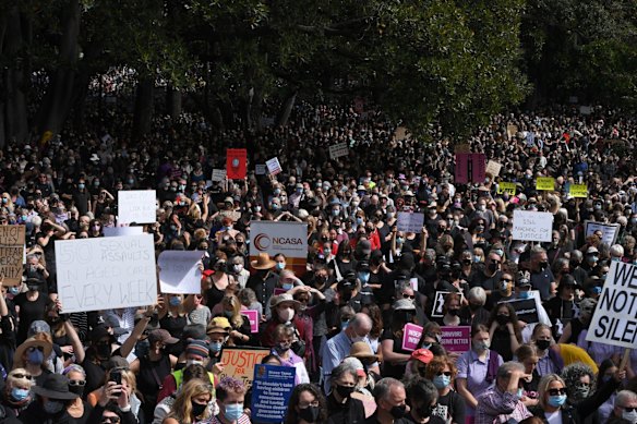 Thousands of protesters gather at Treasury Gardens for the Melbourne Women's March 4 Justice.