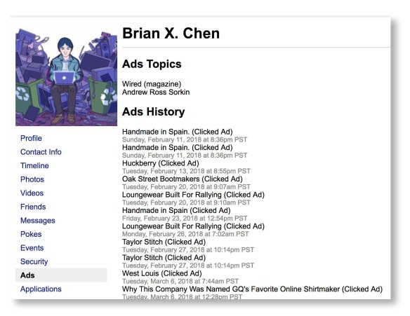 Your Facebook account keeps a record not only of ads you have clicked on, but also of advertisers that have your contact information, which can also be viewed in your archive.