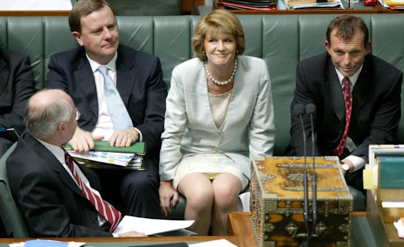 (L-R) Prime Minister John Howard, Treasurer Peter Costello, Minister for Ageing Julie Bishop and Tony Abbott in 2003.  
