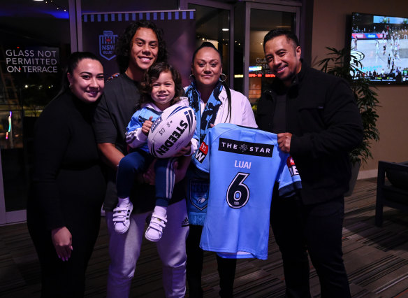 Jarome Luai with his family after receiving his NSW jumper. 