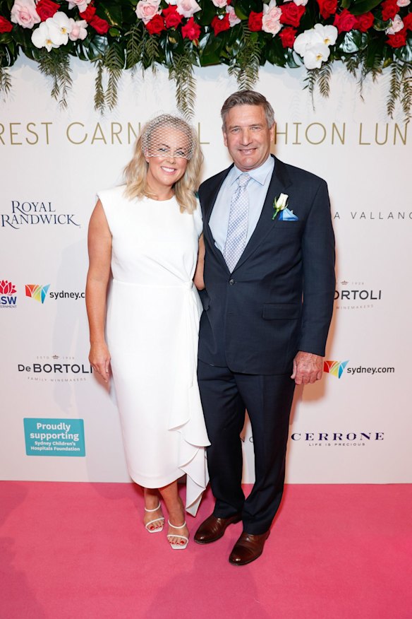 Samantha Armytage and husband Richard Lavender attend the Everest Carnival Fashion Lunch at Royal Randwick Racecourse on October 03, 2020.